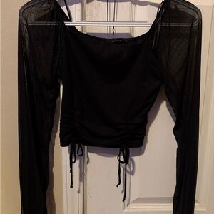 Ambiance Black Mesh-Sleeve Ruched top